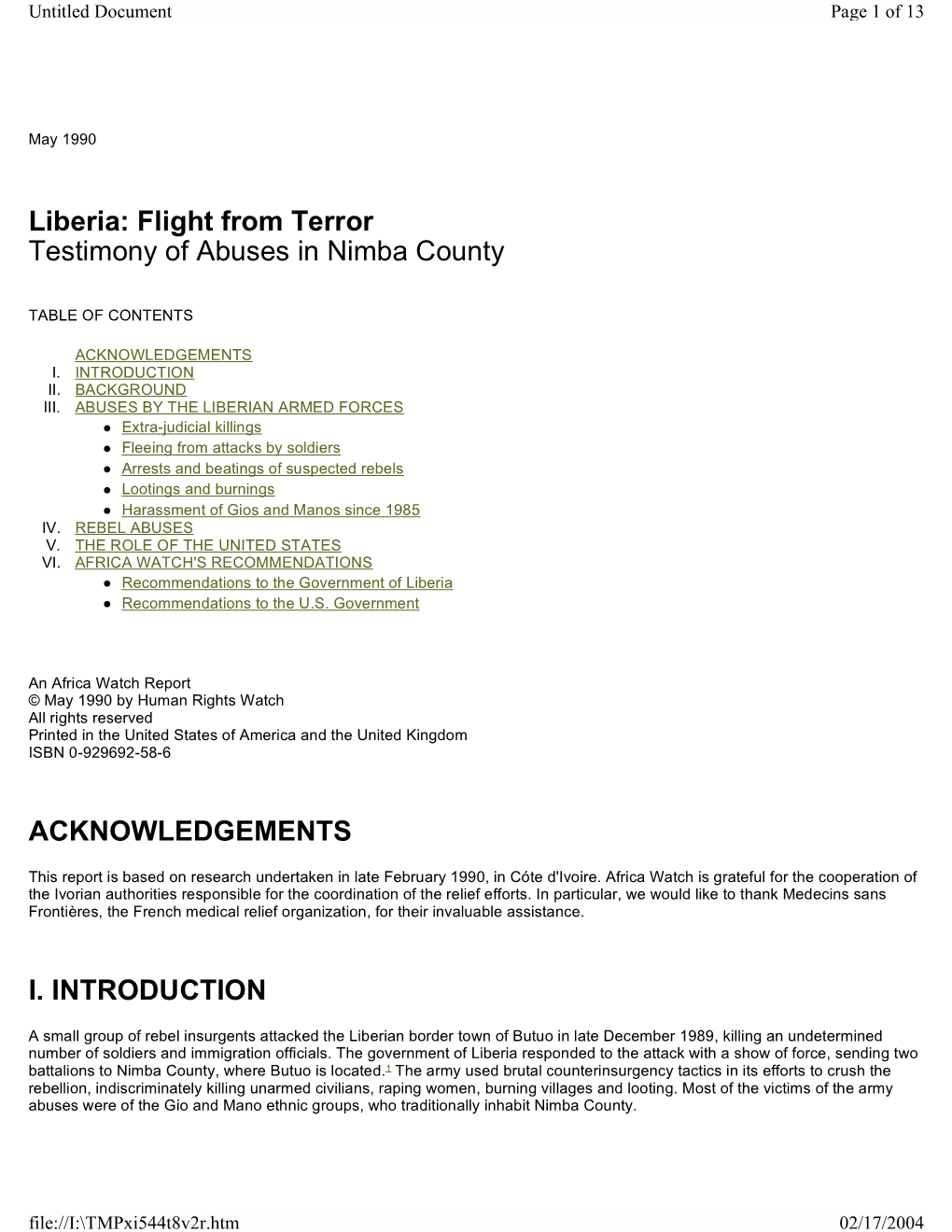 Liberia: Flight from Terror Testimony of Abuses in Nimba County
