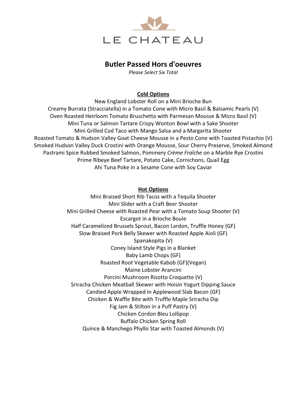 Butler Passed Hors D'oeuvres Please Select Six Total