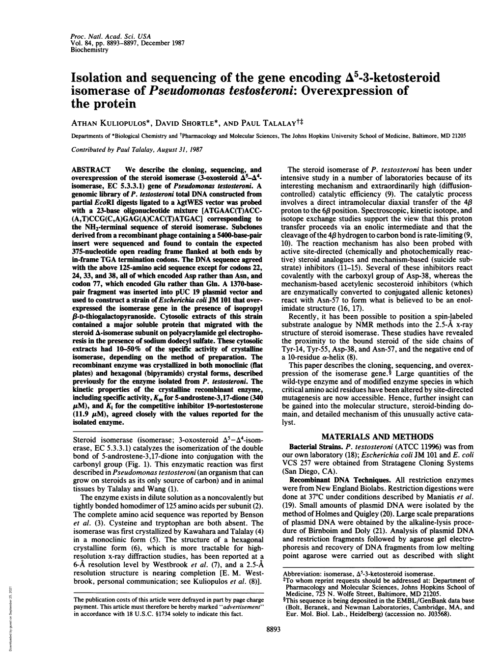 Isolation and Sequencing of the Gene Encoding A5-3-Ketosteroid