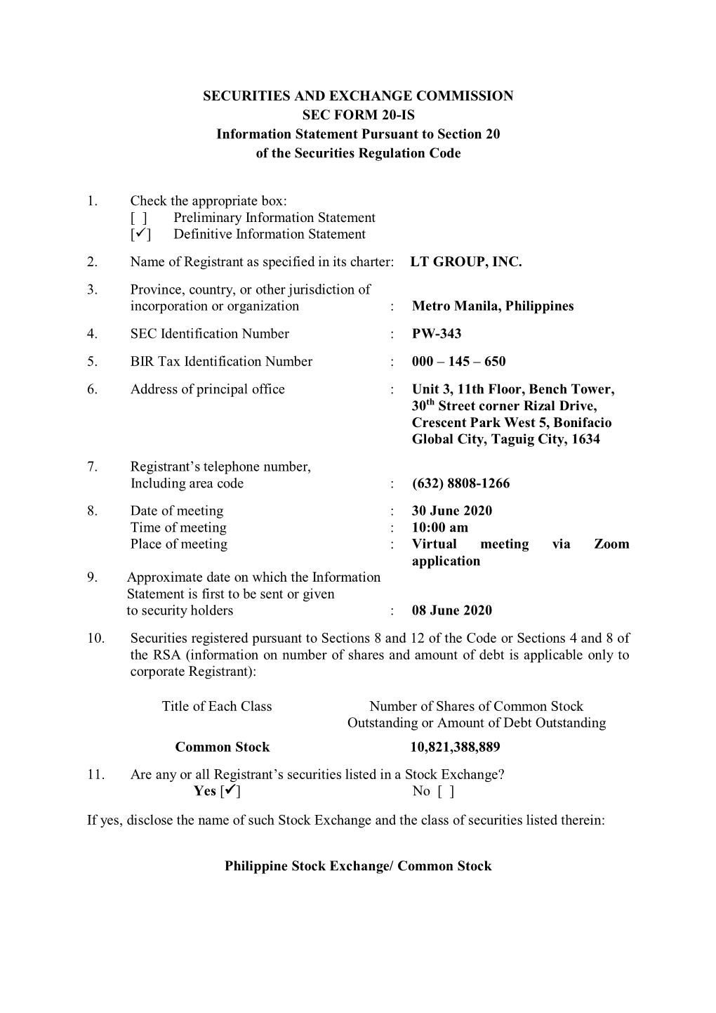 SECURITIES and EXCHANGE COMMISSION SEC FORM 20-IS Information Statement Pursuant to Section 20 of the Securities Regulation Code