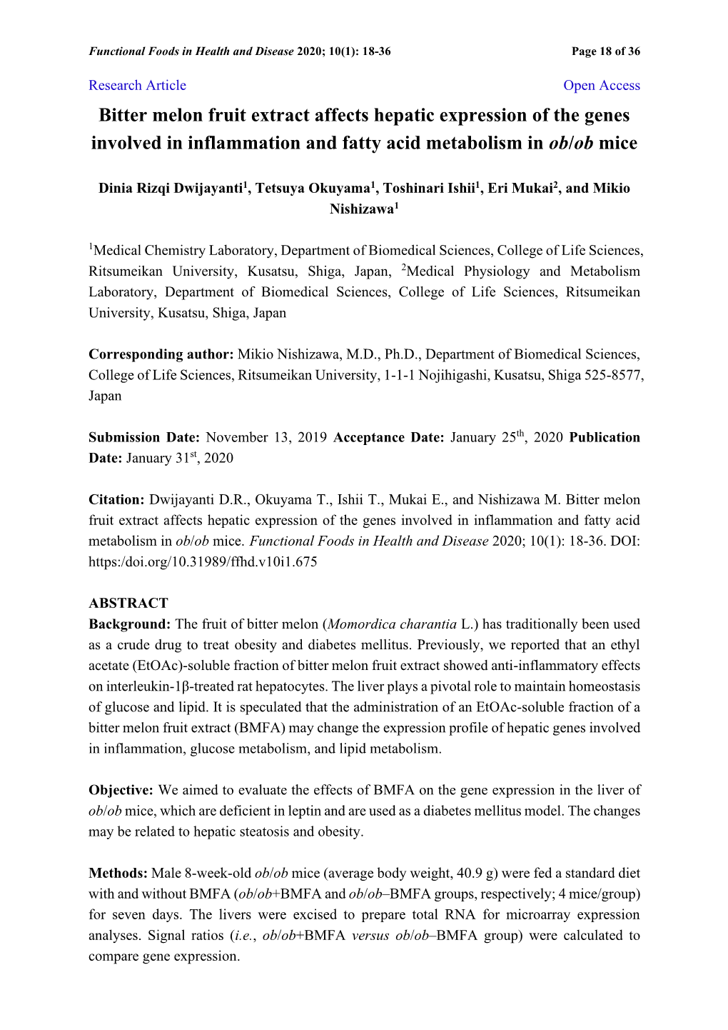 Bitter Melon Fruit Extract Affects Hepatic Expression of the Genes Involved in Inflammation and Fatty Acid Metabolism in Ob/Ob Mice