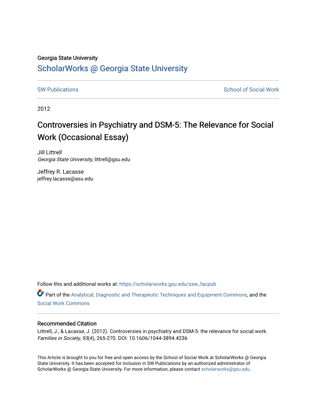 Controversies in Psychiatry and DSM-5: the Relevance for Social Work (Occasional Essay)