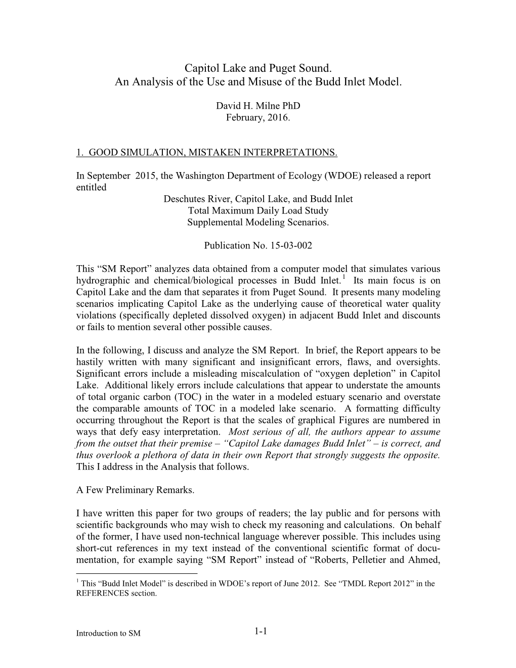 Capitol Lake and Puget Sound. an Analysis of the Use and Misuse of the Budd Inlet Model