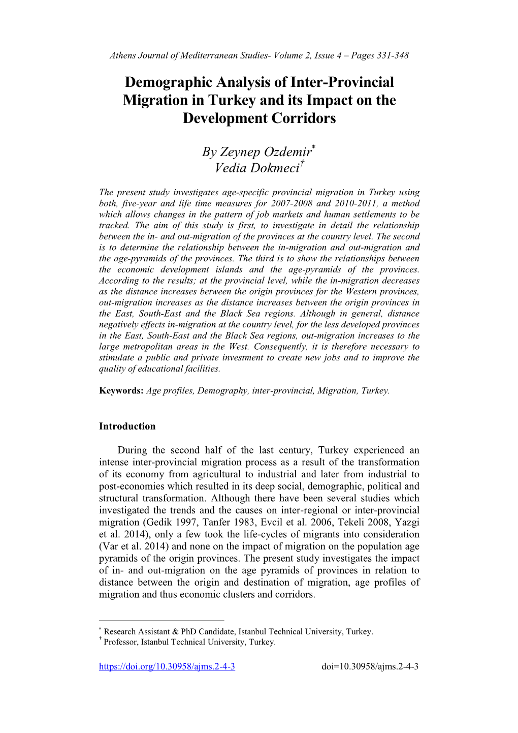 Demographic Analysis of Inter-Provincial Migration in Turkey and Its Impact on the Development Corridors