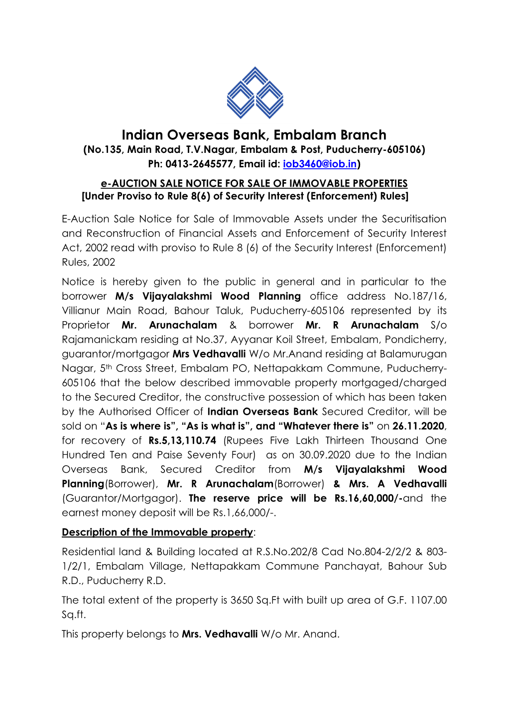 Indian Overseas Bank, Embalam Branch