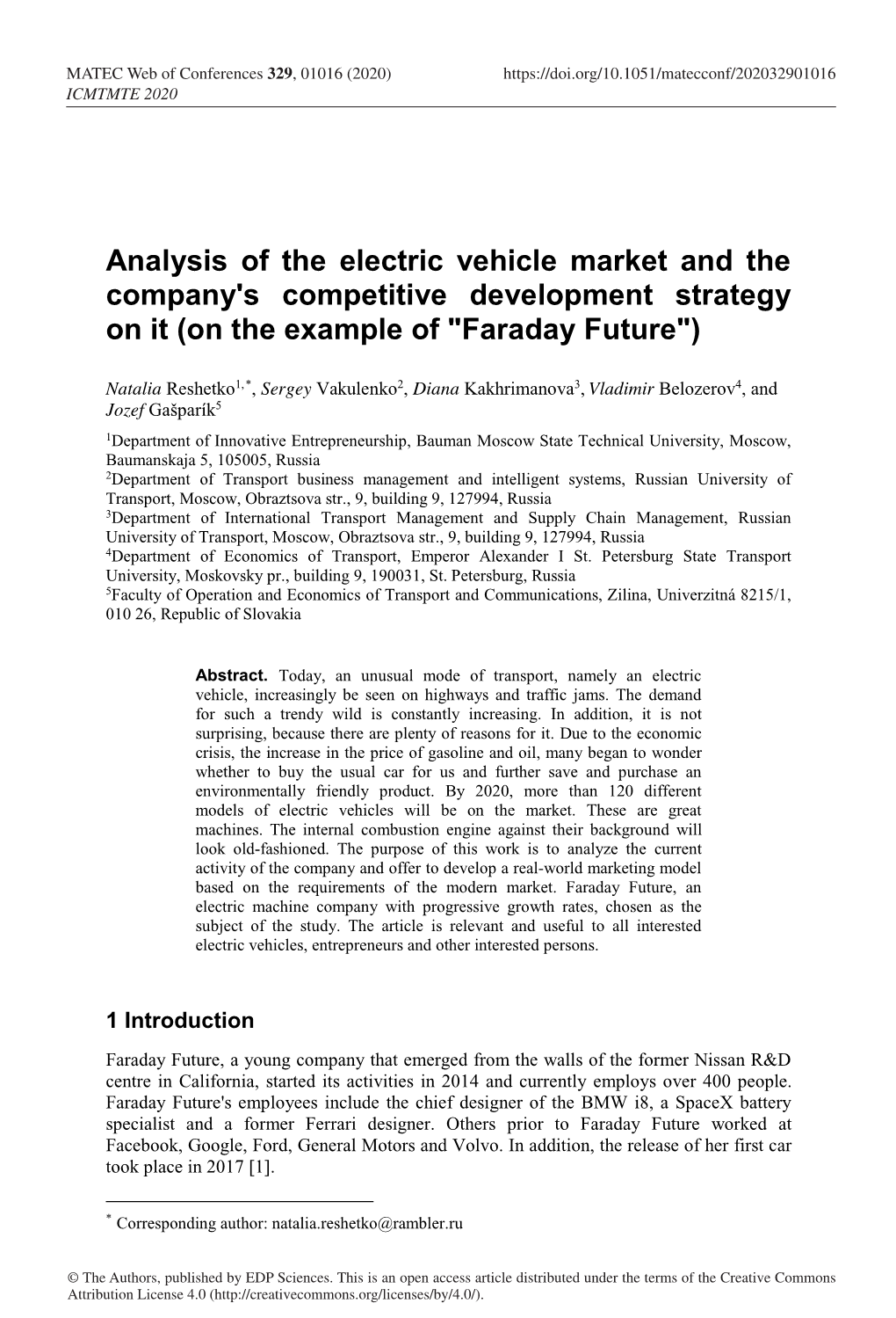 Analysis of the Electric Vehicle Market and the Company's Competitive Development Strategy on It (On the Example of "Faraday Future")