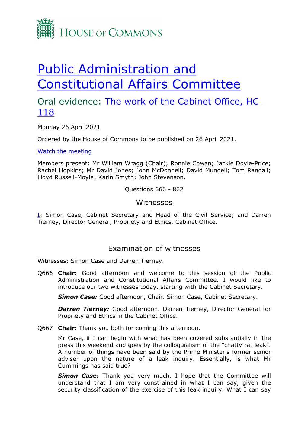 Public Administration and Constitutional Affairs Committee Oral Evidence: the Work of the Cabinet Office, HC 118