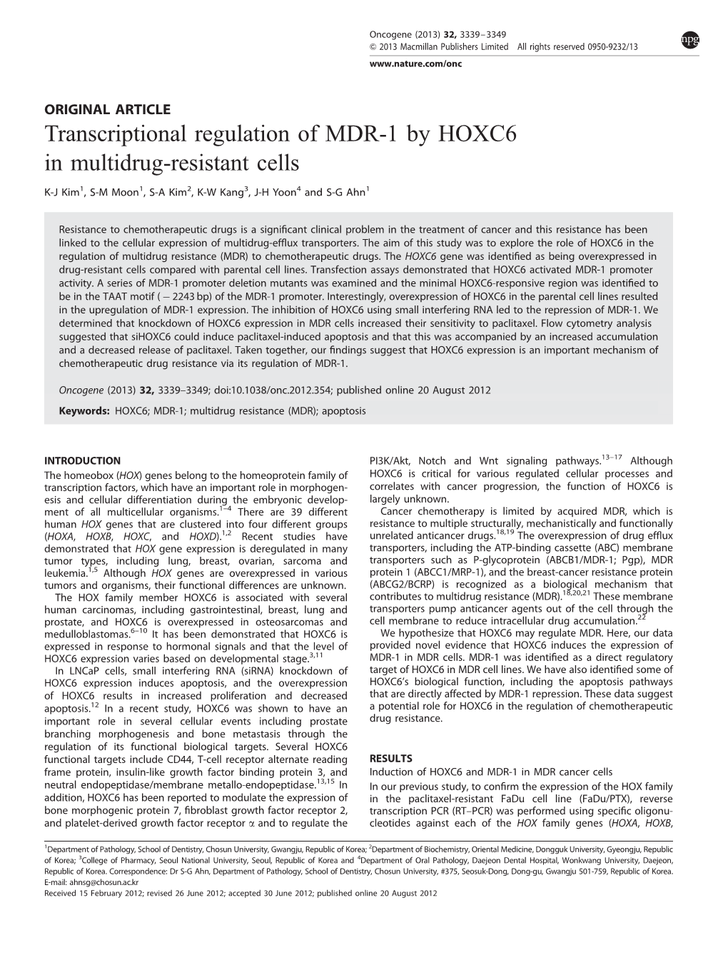 Transcriptional Regulation of MDR-1 by HOXC6 in Multidrug-Resistant Cells