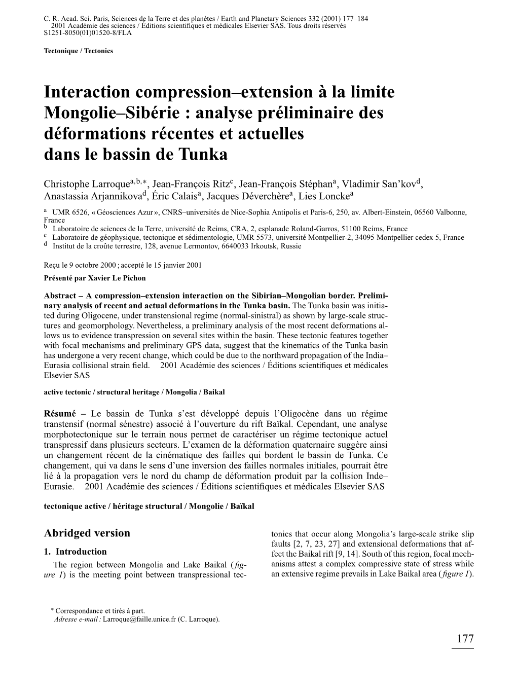 Analyse Préliminaire Des Déformations Récentes Et Actuelles Dans Le Bassin De Tunka