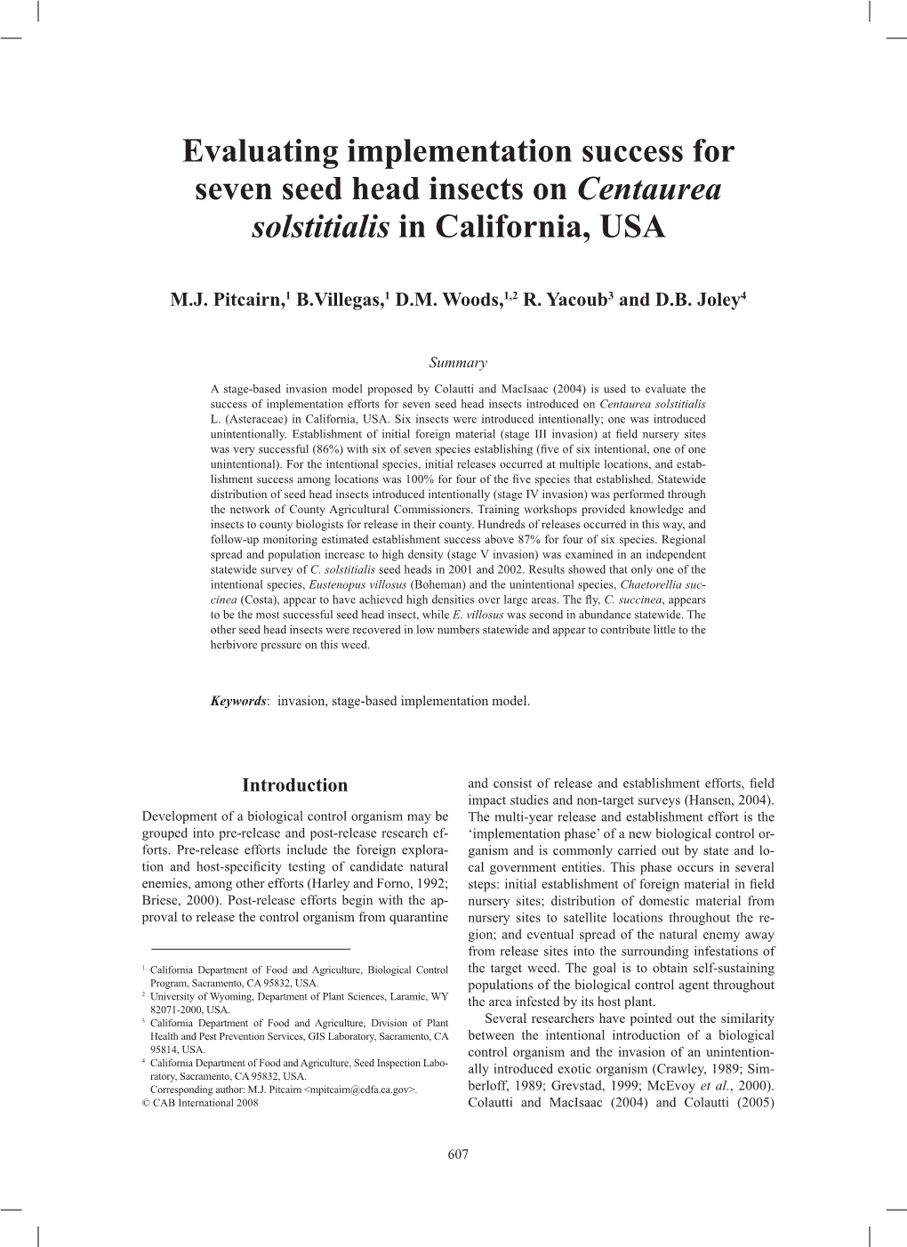 Evaluating Implementation Success for Seven Seed Head Insects on Centaurea Solstitialis in California, USA