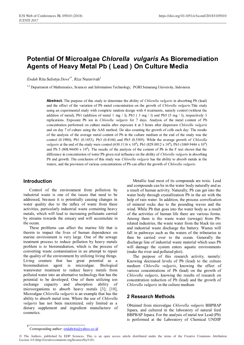 Potential of Microalgae Chlorella Vulgaris As Bioremediation Agents of Heavy Metal Pb ( Lead ) on Culture Media