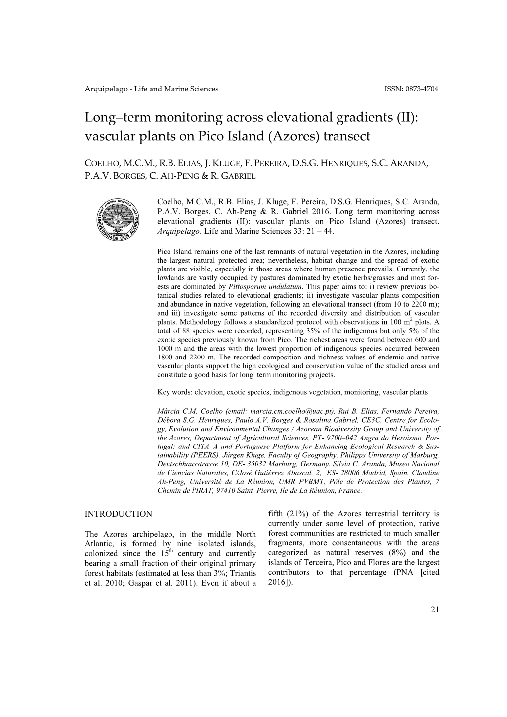 Vascular Plants on Pico Island (Azores) Transect