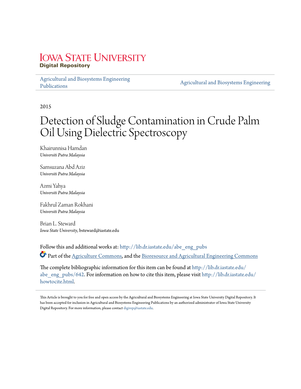 Detection of Sludge Contamination in Crude Palm Oil Using Dielectric Spectroscopy Khairunnisa Hamdan Universiti Putra Malaysia