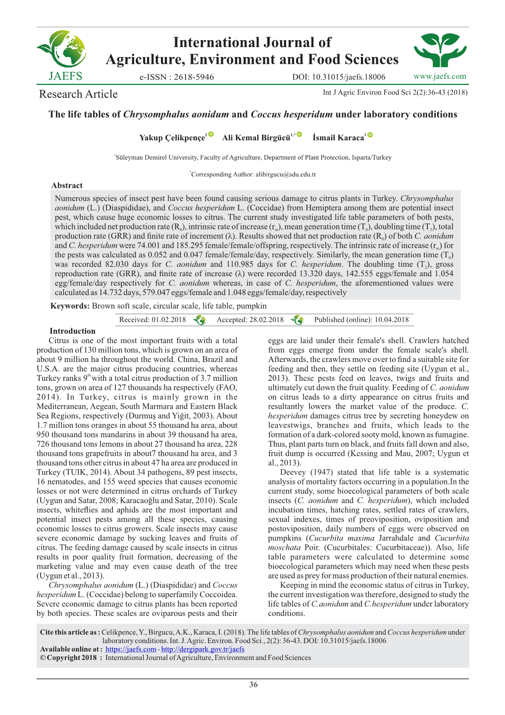 Internat Onal Journal of Agr Culture, Env Ronment and Food Sc Ences