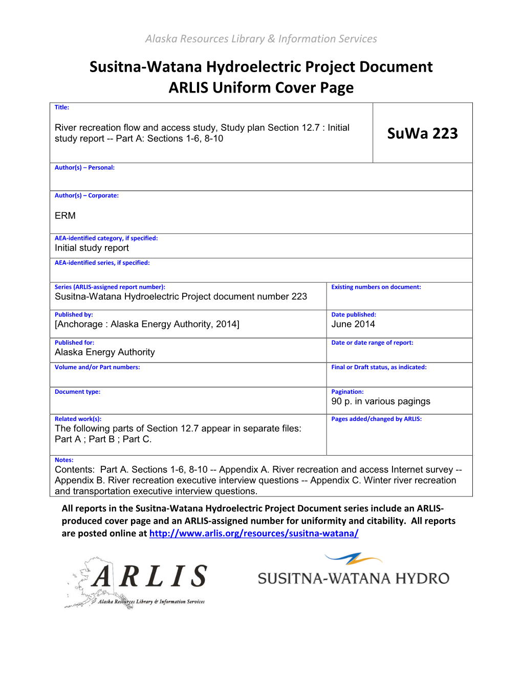 Susitna-Watana Hydroelectric Project Document ARLIS Uniform Cover Page Title