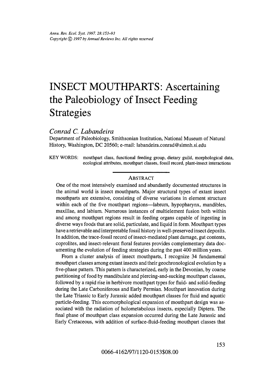 INSECT MOUTHPARTS: Ascertaining the Paleobiology of Insect Feeding Strategies