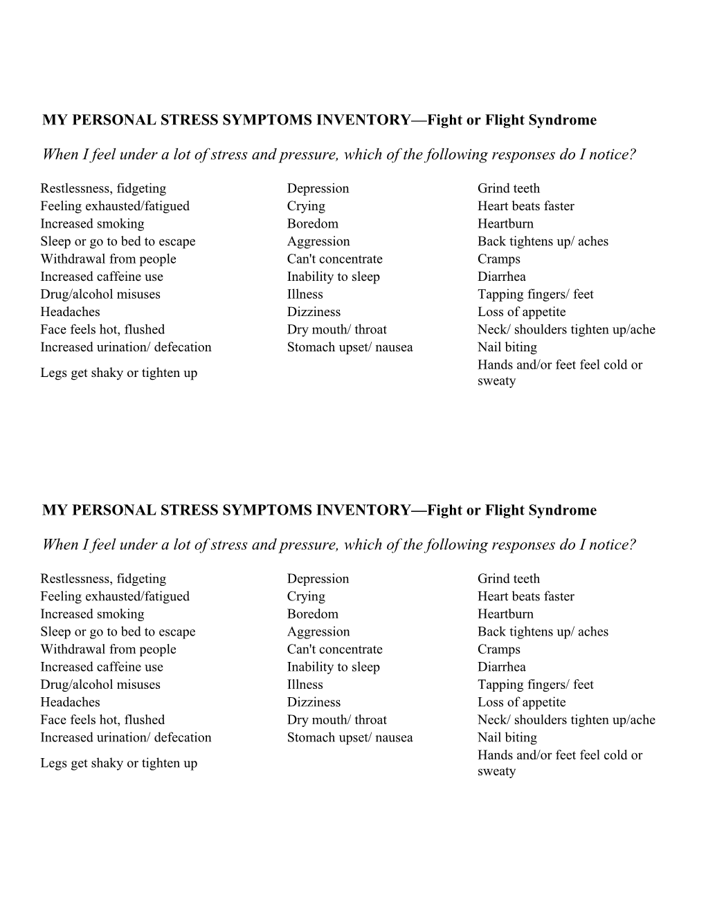 MY PERSONAL STRESS SYMPTOMS INVENTORY Fight Or Flight Syndrome