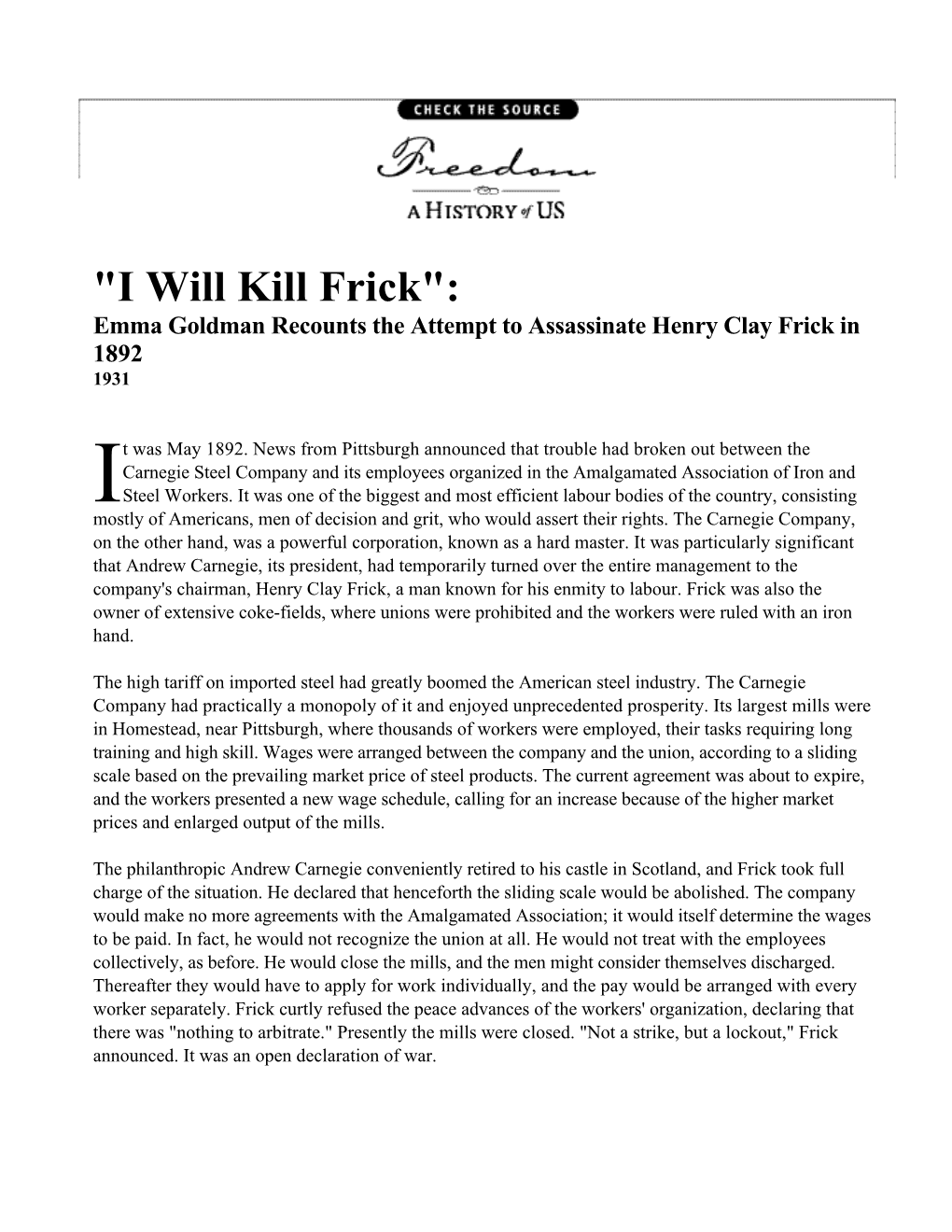 I Will Kill Frick": Emma Goldman Recounts the Attempt to Assassinate Henry Clay Frick in 1892 1931