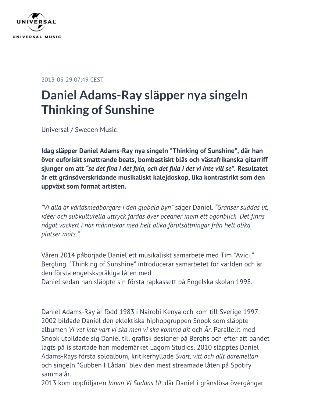 Daniel Adams-Ray Släpper Nya Singeln Thinking of Sunshine