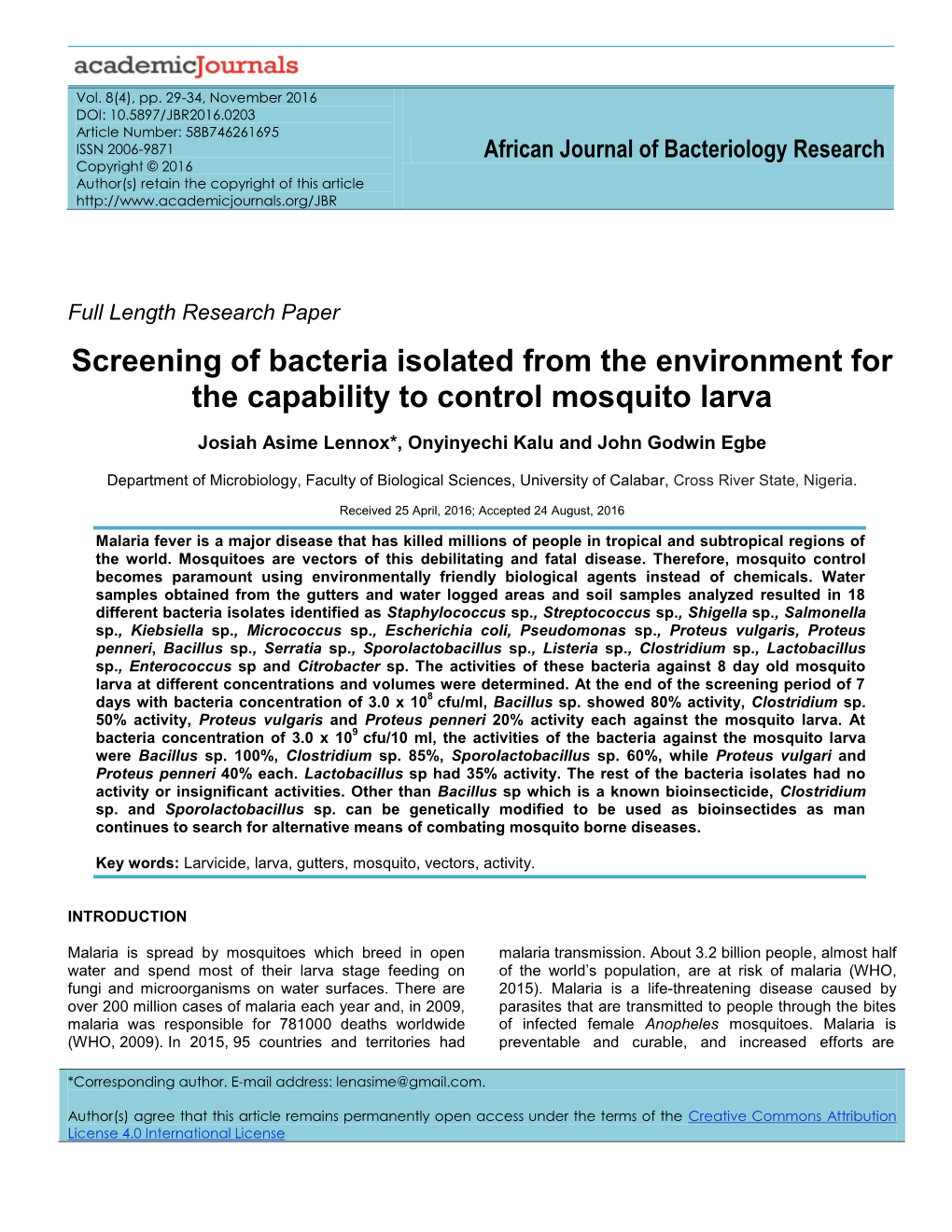 Screening of Bacteria Isolated from the Environment for the Capability to Control Mosquito Larva