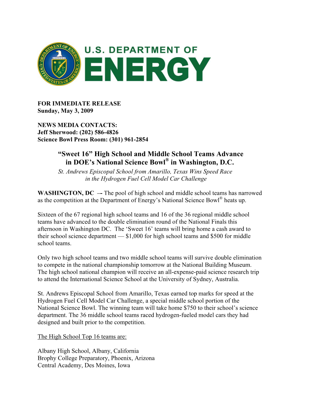 High School and Middle School Teams Advance in DOE's National