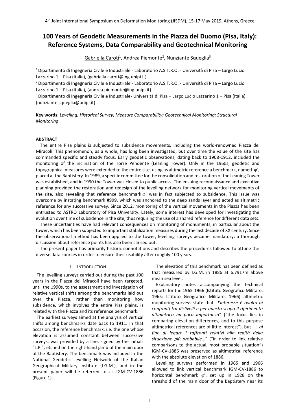 100 Years of Geodetic Measurements in the Piazza Del Duomo (Pisa, Italy): Reference Systems, Data Comparability and Geotechnical Monitoring