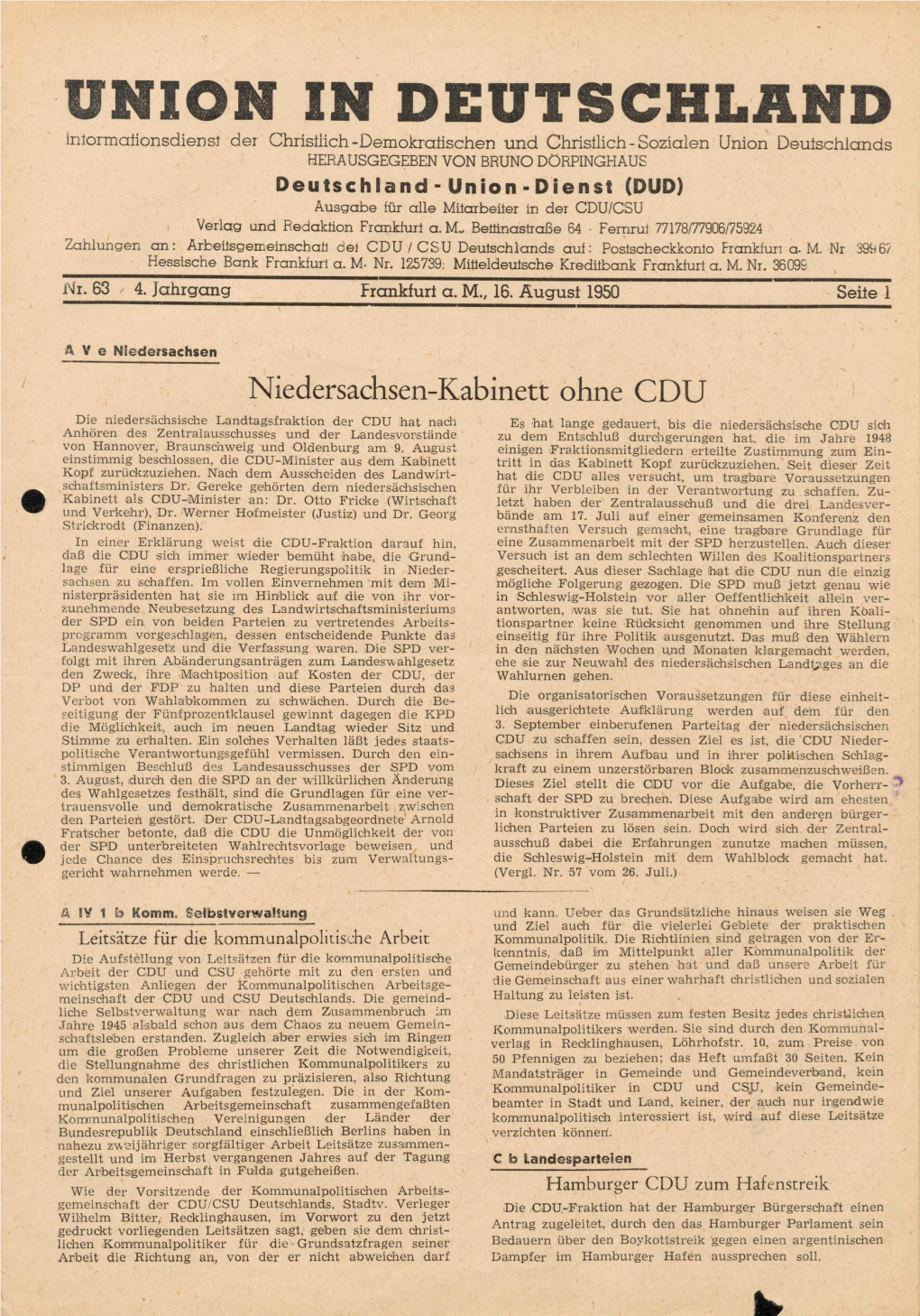 UID Jg. 4 1950 Nr. 63, Union in Deutschland