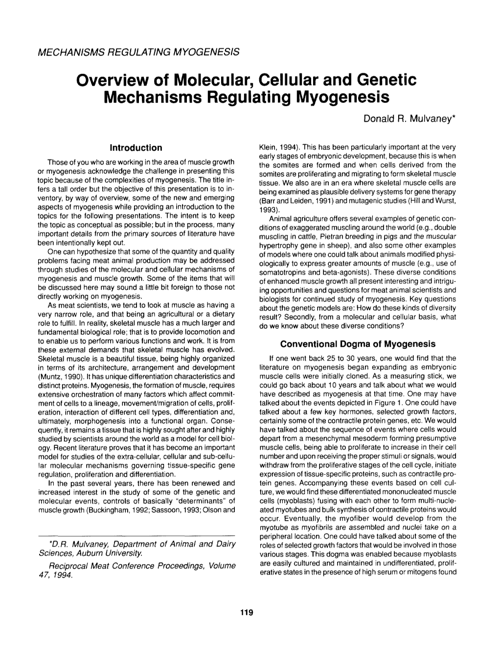 Overview of Molecular, Cellular and Genetic Mechanisms Regulating Myogenesis Donald R