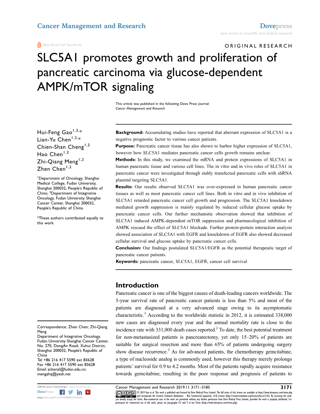 SLC5A1 Promotes Growth and Proliferation of Pancreatic Carcinoma Via Glucose-Dependent AMPK/Mtor Signaling