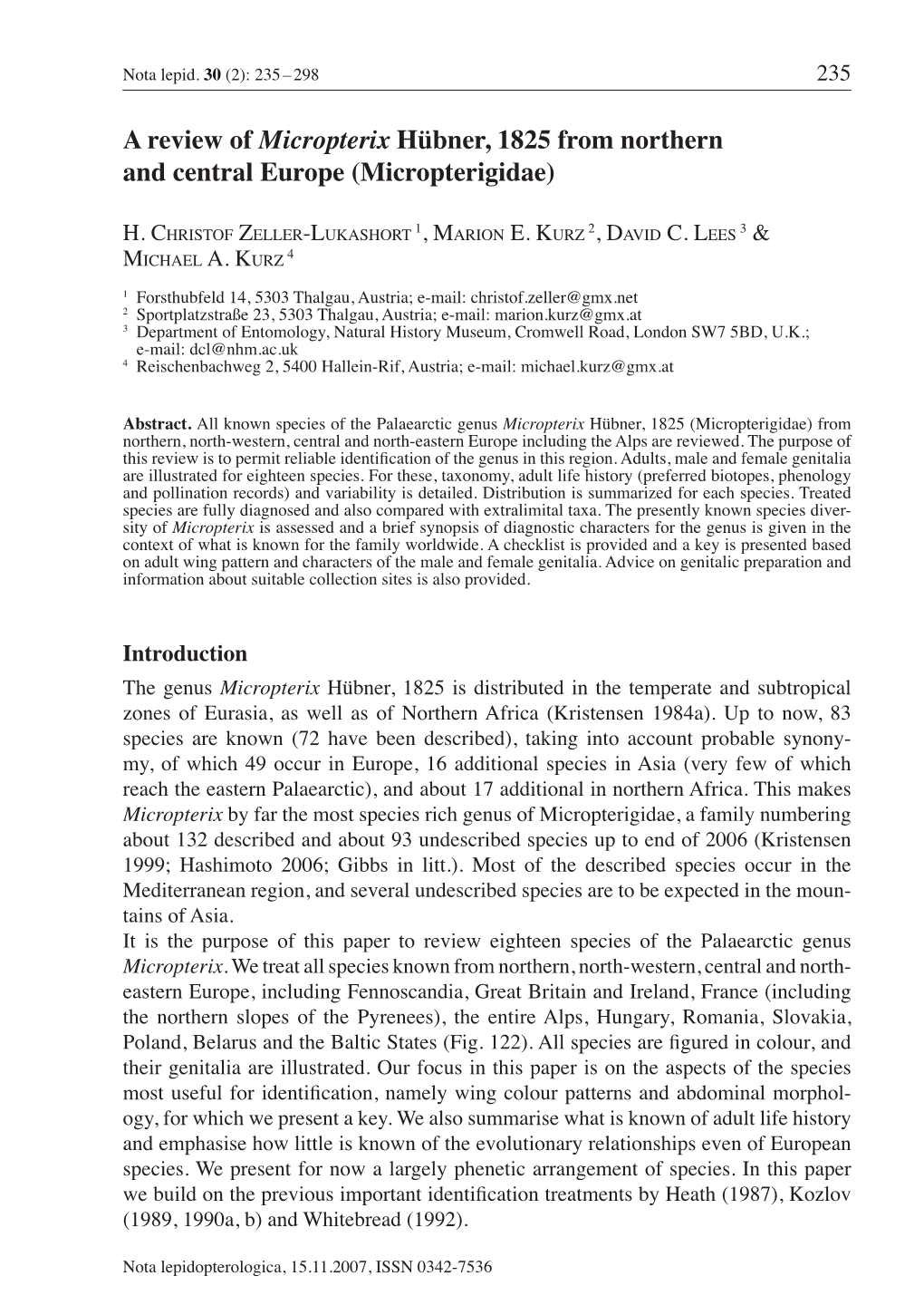 A Review of Micropterix Hübner, 1825 from Northern and Central Europe (Micropterigidae)