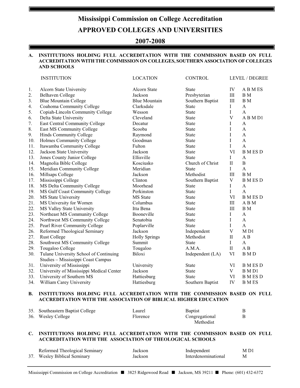 Mississippi Commission on College Accreditation APPROVED COLLEGES and UNIVERSITIES 2007-2008