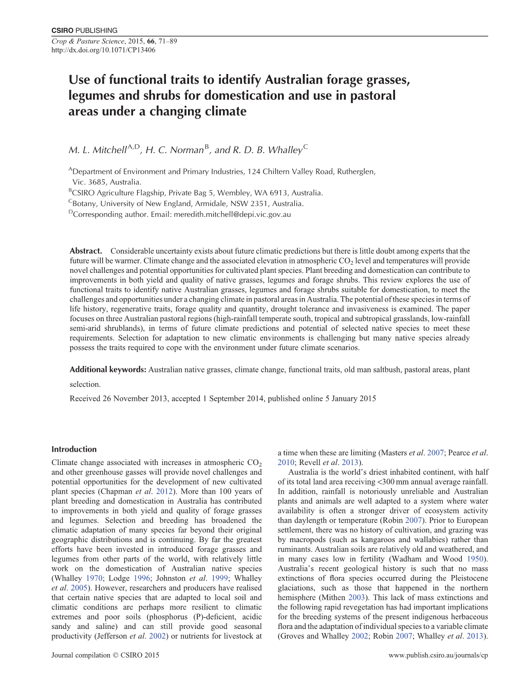 Use of Functional Traits to Identify Australian Forage Grasses, Legumes and Shrubs for Domestication and Use in Pastoral Areas Under a Changing Climate