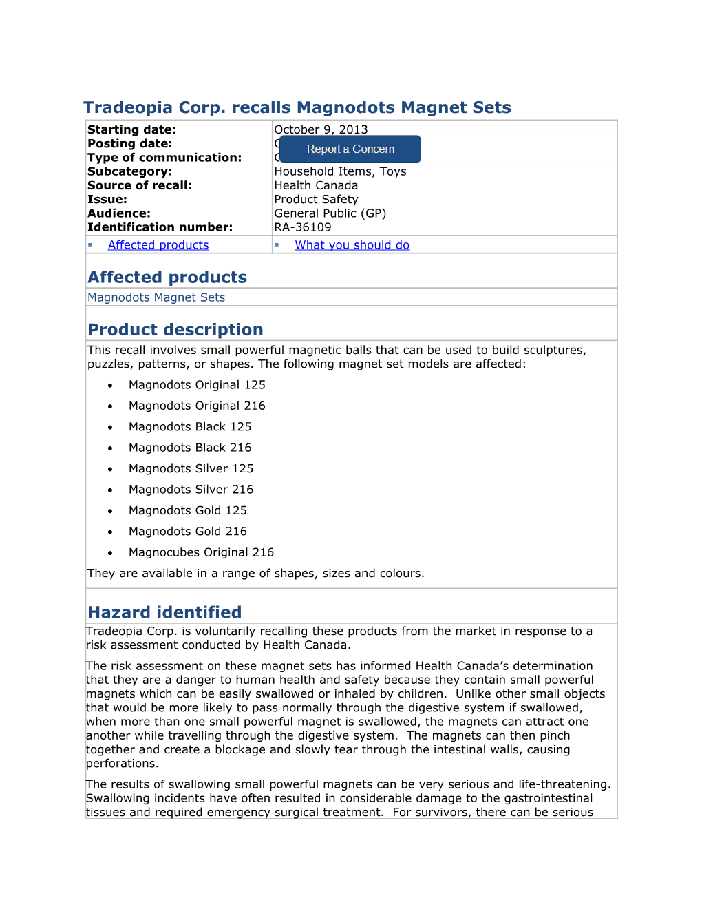 Tradeopia Corp. Recalls Magnodots Magnet Sets