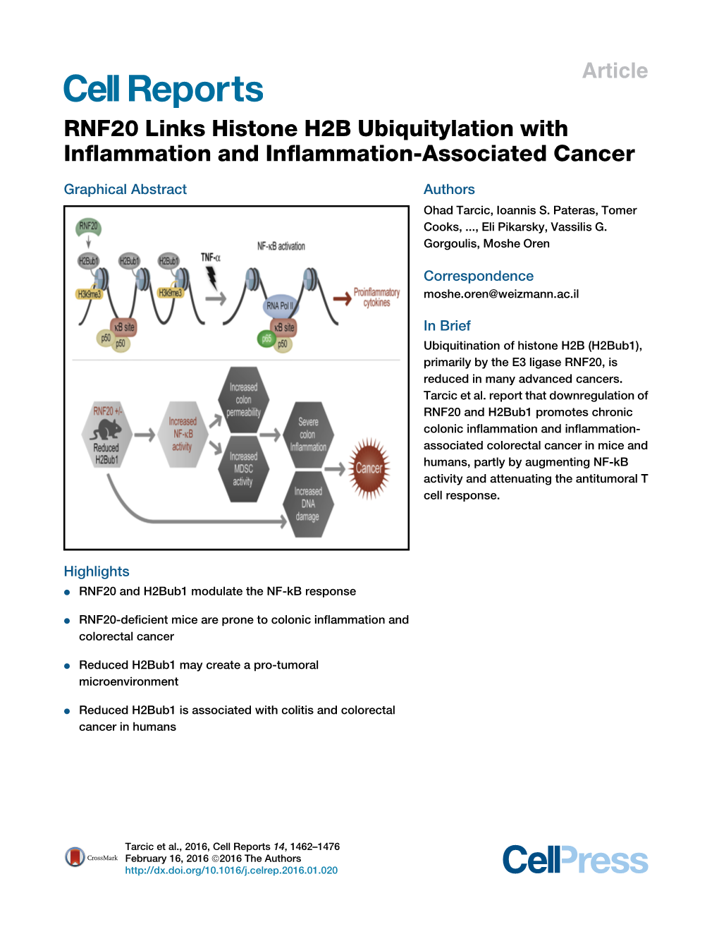 RNF20 Links Histone H2B Ubiquitylation with Inflammation