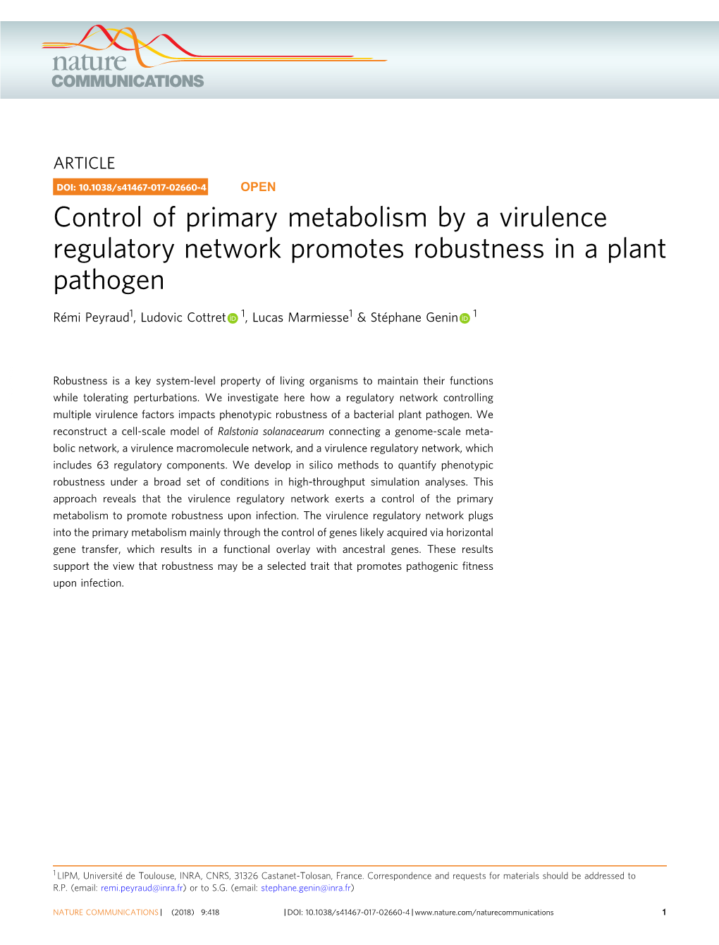 Control of Primary Metabolism by a Virulence Regulatory Network Promotes Robustness in a Plant Pathogen