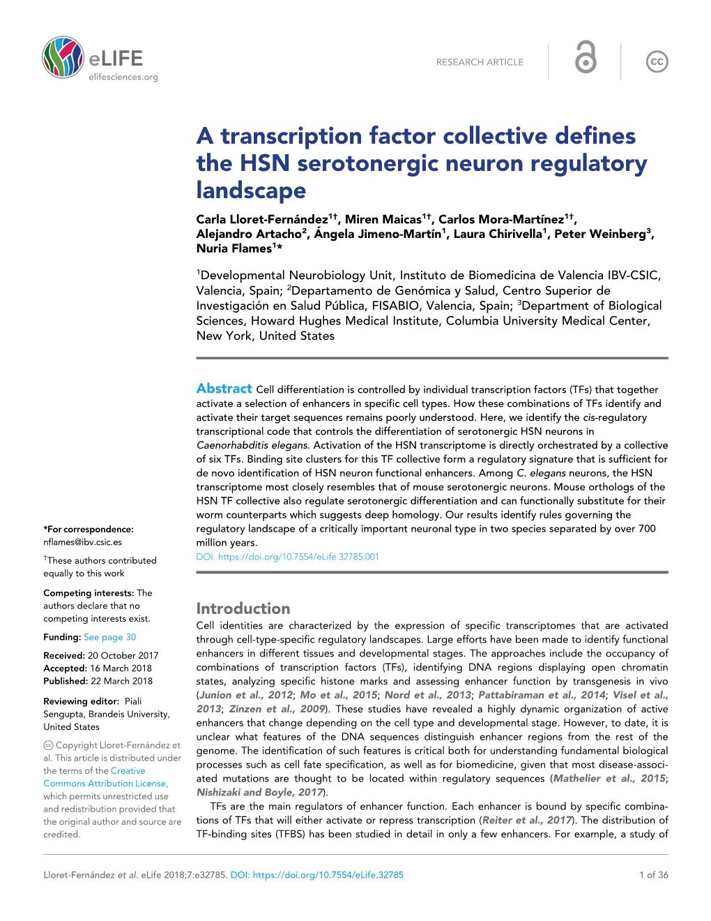 A Transcription Factor Collective Defines the HSN Serotonergic Neuron