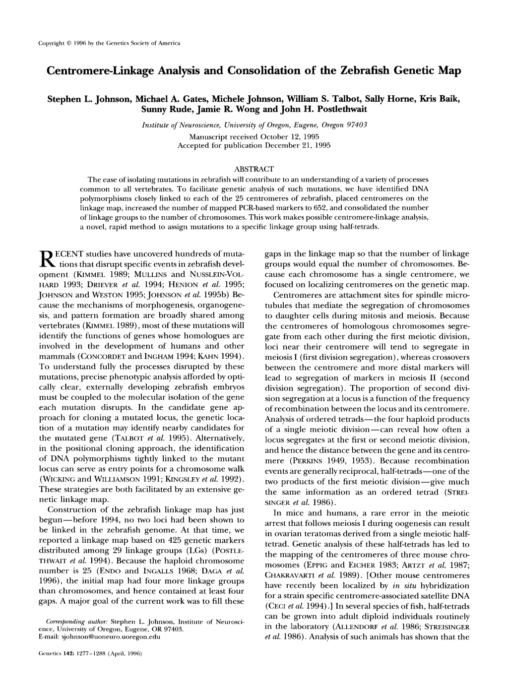 Centromere-Linkage Analysis and Consolidation of the Zebrafish Genetic Map