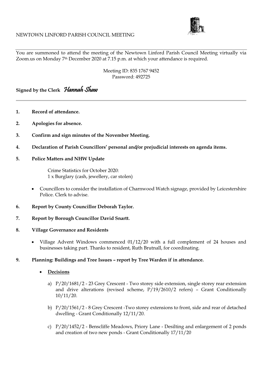 Agenda of the Parish Council Meeting 7Th December 2020