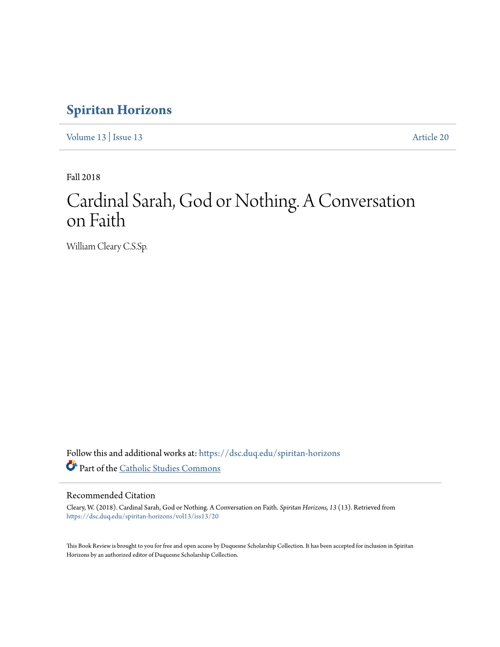 Cardinal Sarah, God Or Nothing. a Conversation on Faith William Cleary C.S.Sp