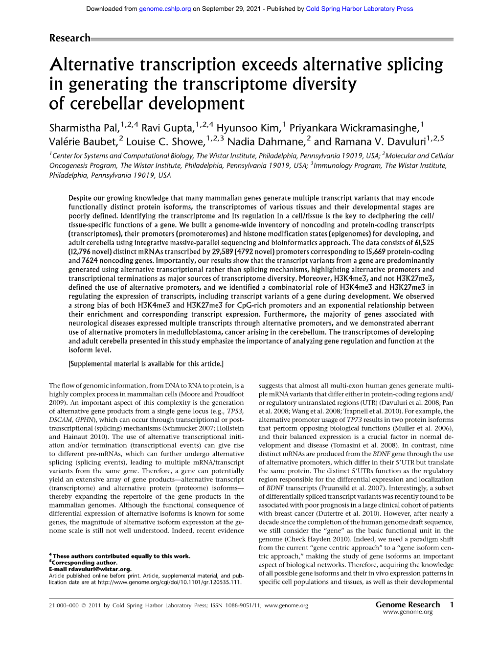 Alternative Transcription Exceeds Alternative Splicing in Generating the Transcriptome Diversity of Cerebellar Development