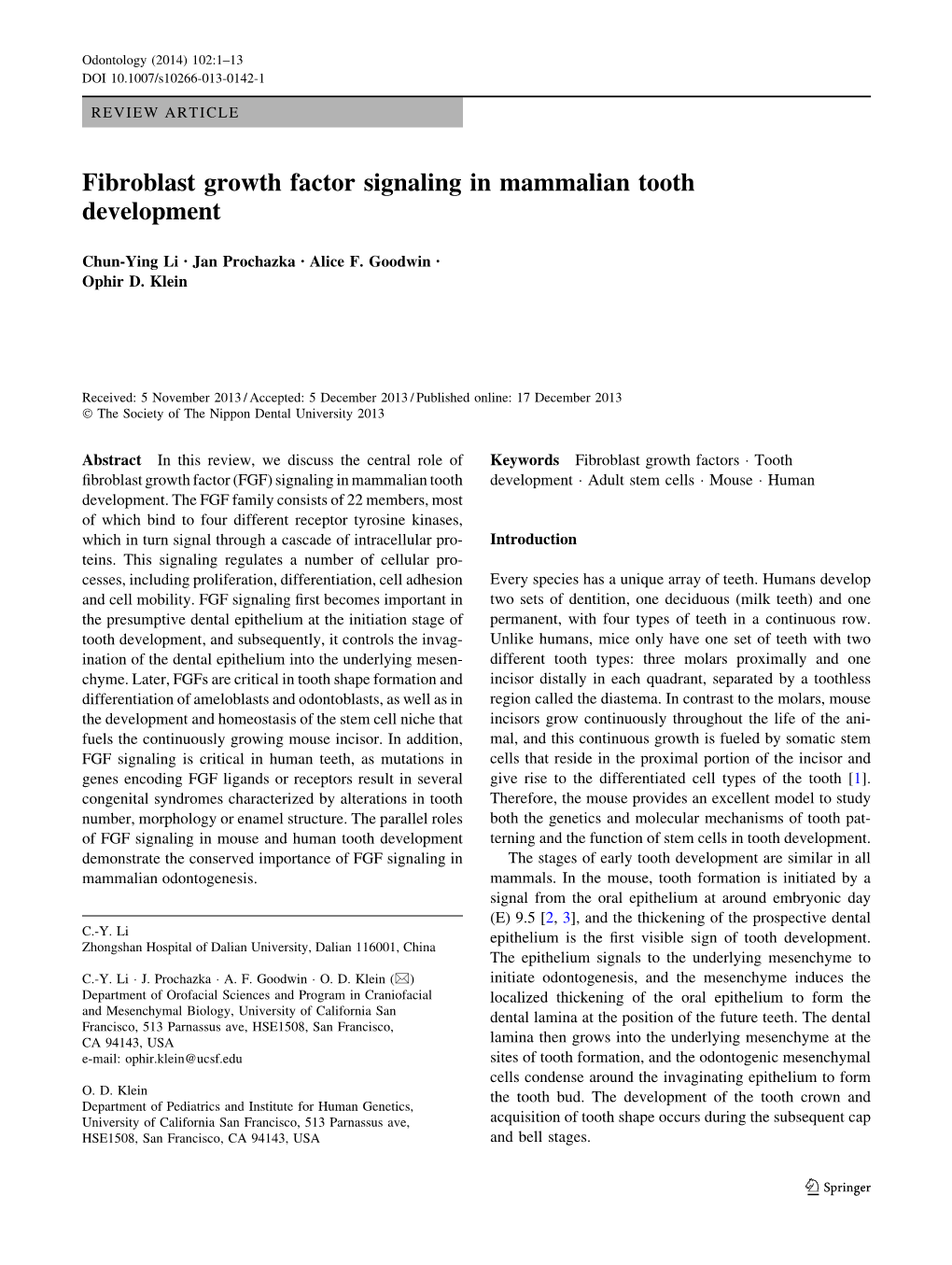 Fibroblast Growth Factor Signaling in Mammalian Tooth Development