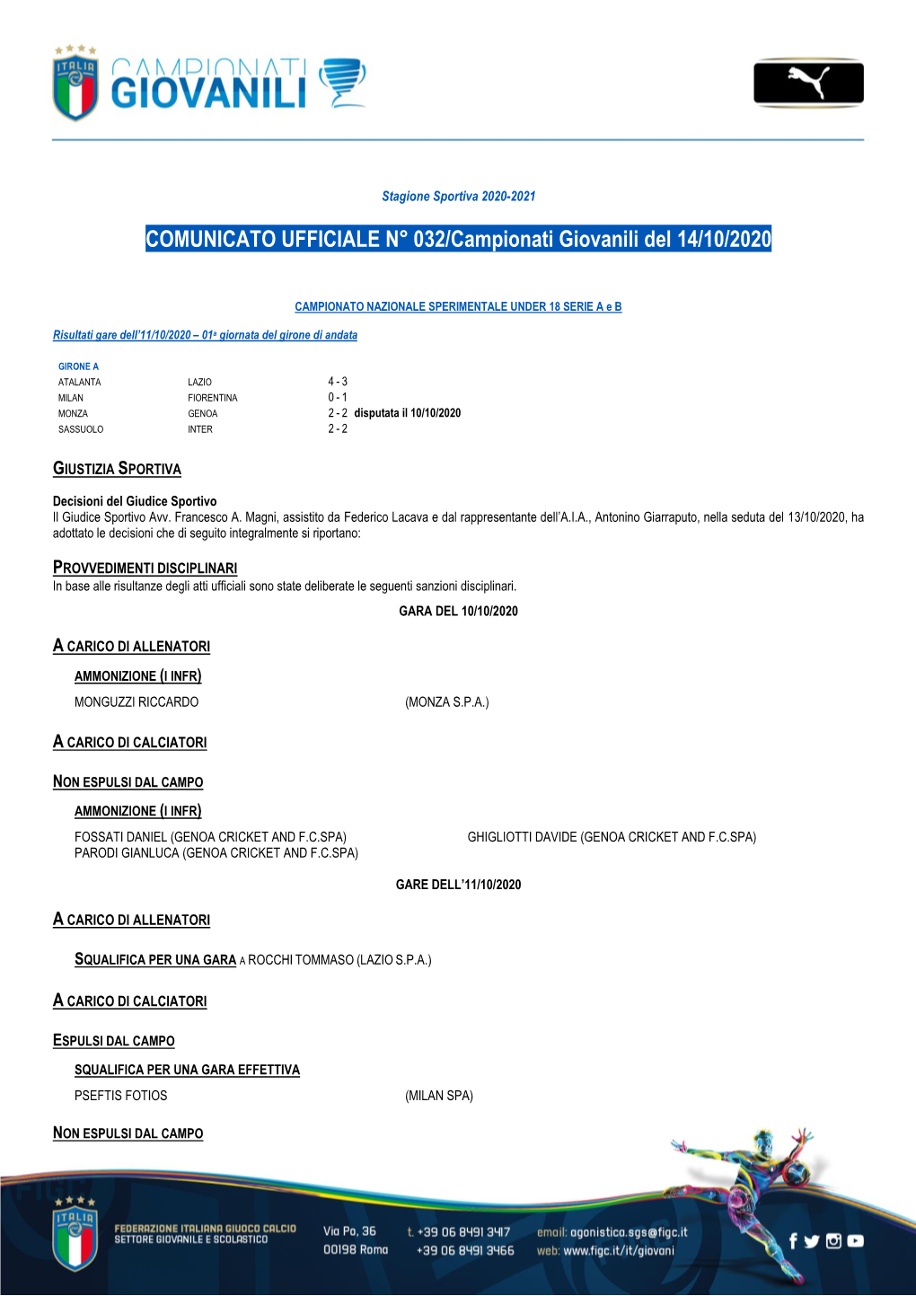 COMUNICATO UFFICIALE N° 032/Campionati Giovanili Del 14/10/2020