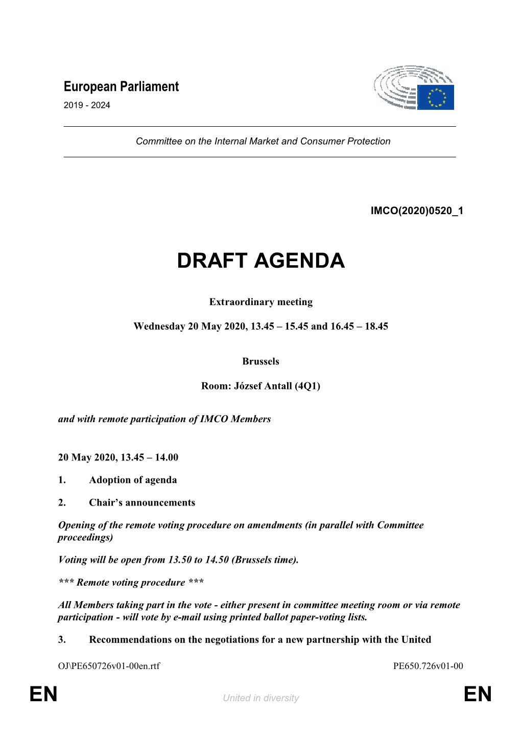 Agenda of the Committee Meeting on 20 May 2020