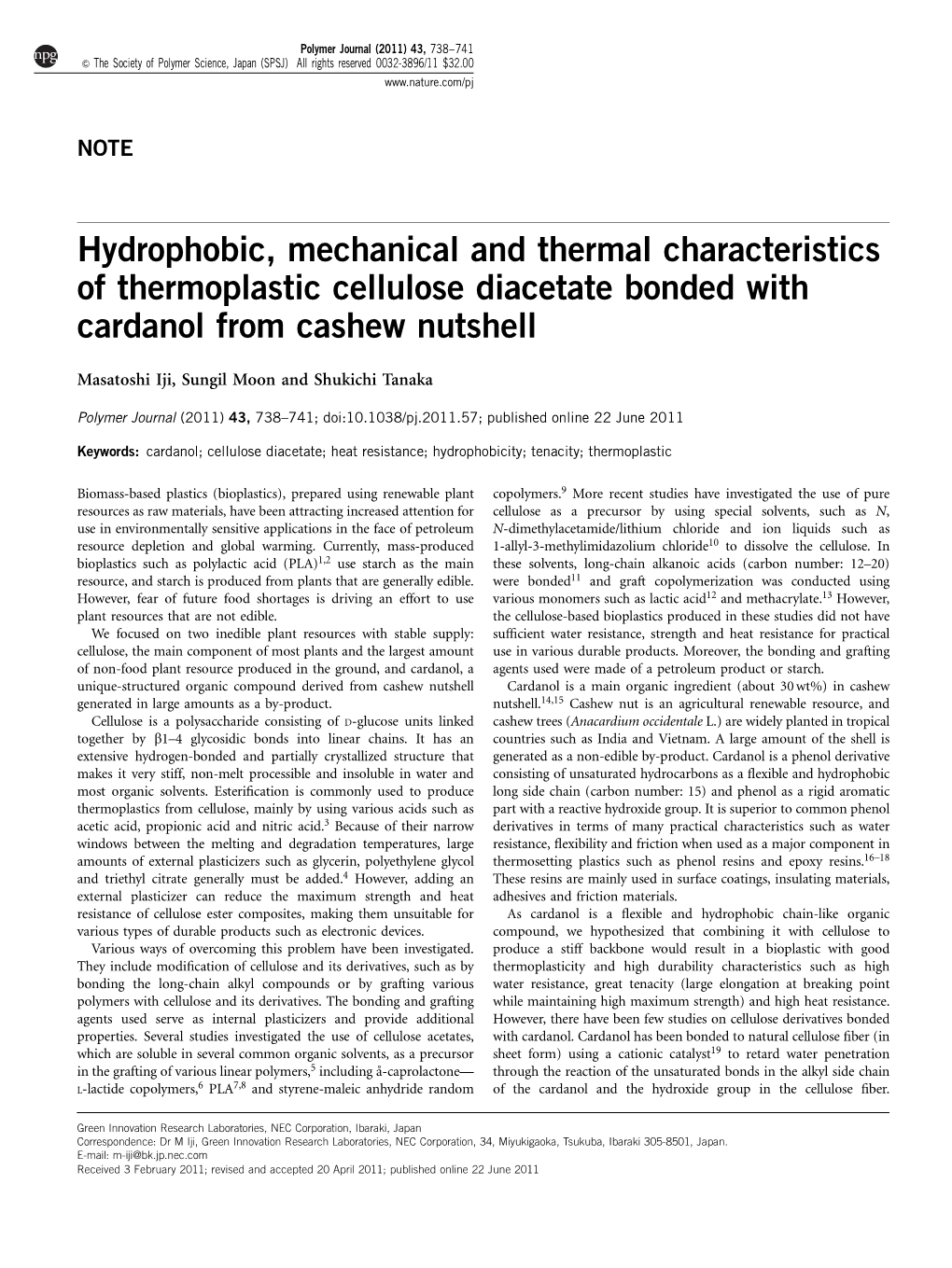 Hydrophobic, Mechanical and Thermal Characteristics of Thermoplastic Cellulose Diacetate Bonded with Cardanol from Cashew Nutshell