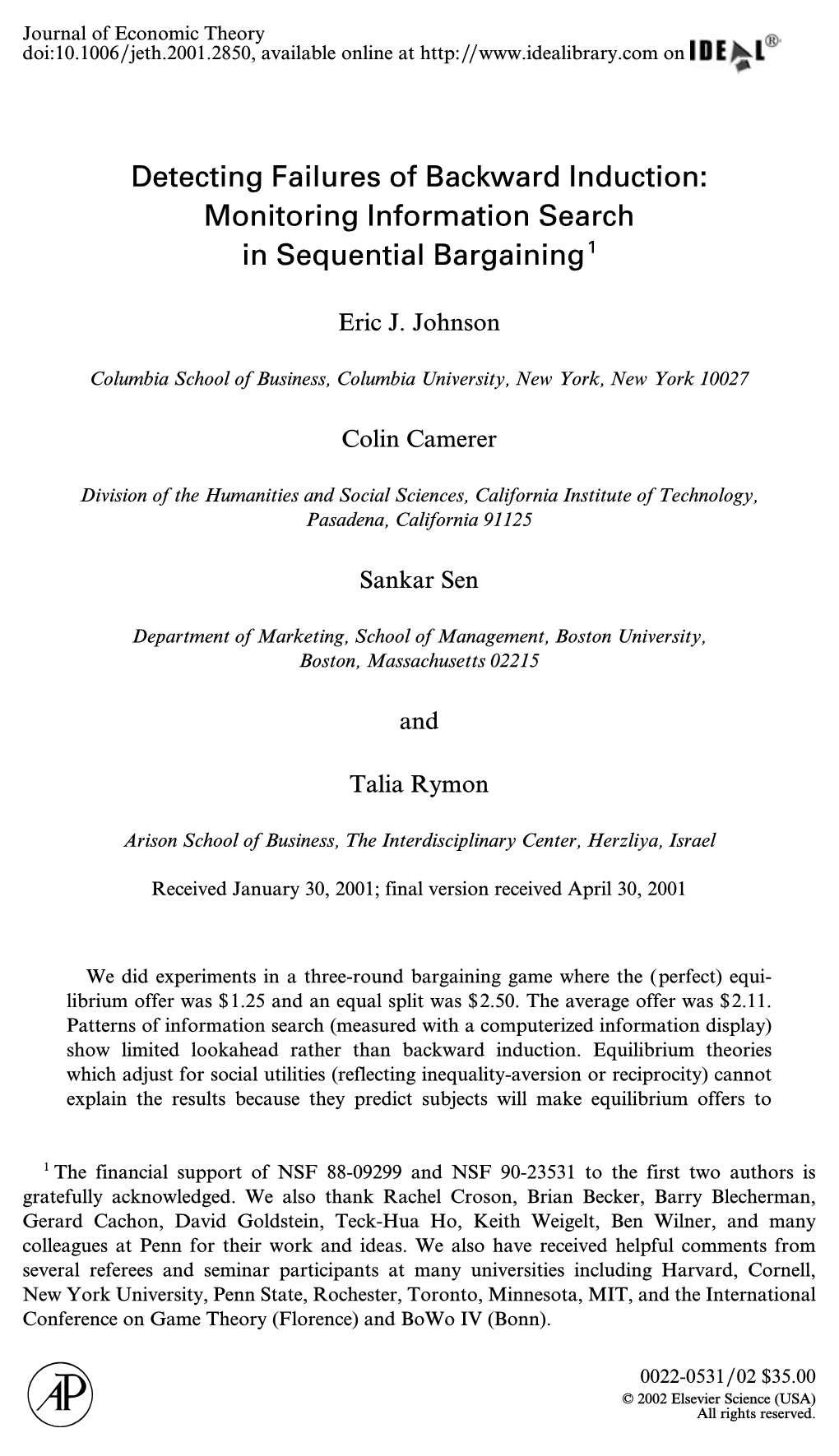 Detecting Failures of Backward Induction: Monitoring Information Search in Sequential Bargaining1