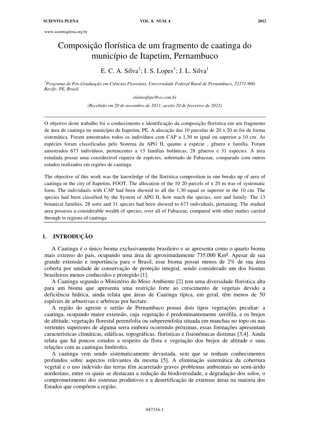 Composição Florística De Um Fragmento De Caatinga Do Município De Itapetim, Pernambuco