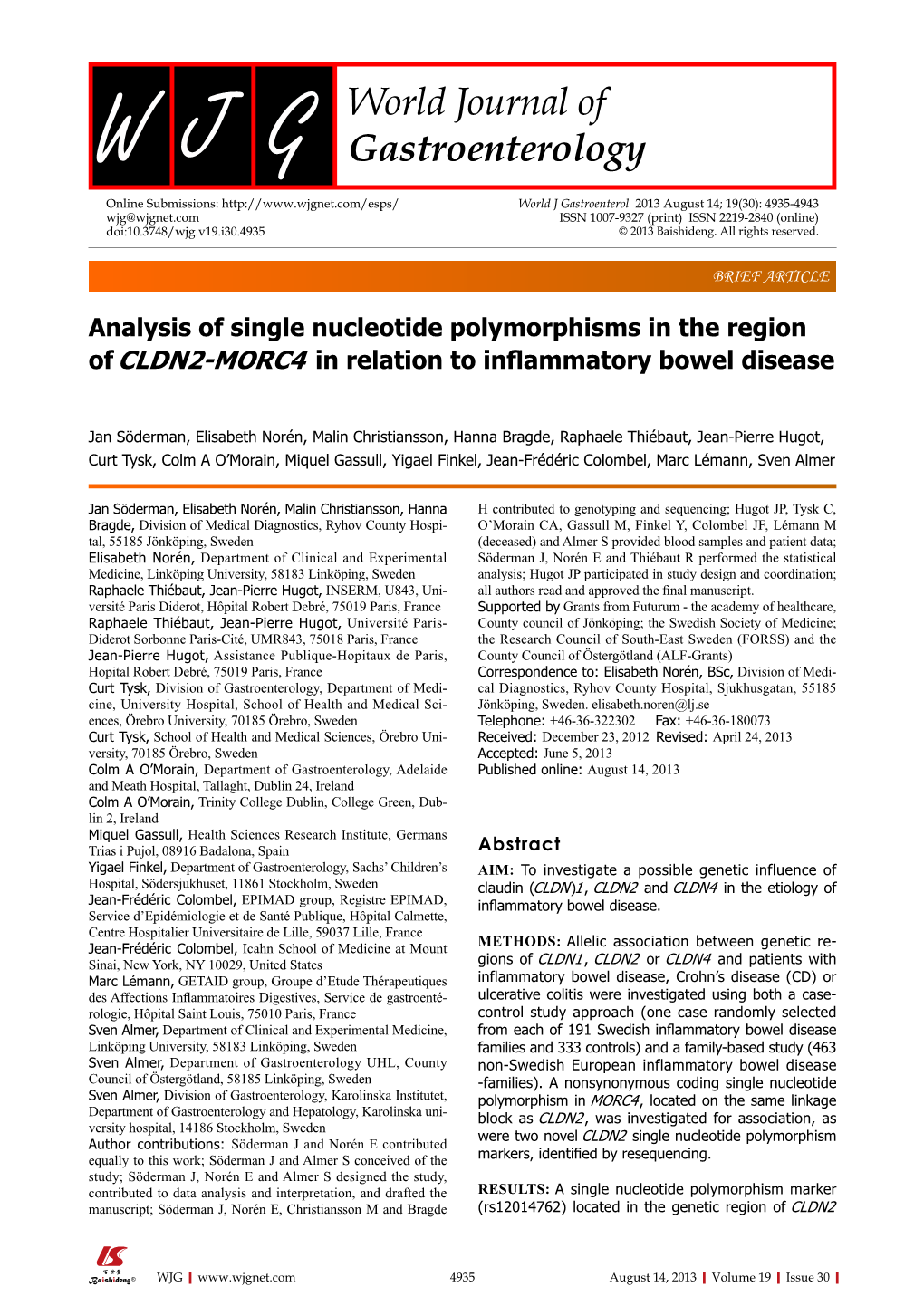 Analysis of Single Nucleotide Polymorphisms in the Region of CLDN2-MORC4 in Relation to Inflammatory Bowel Disease