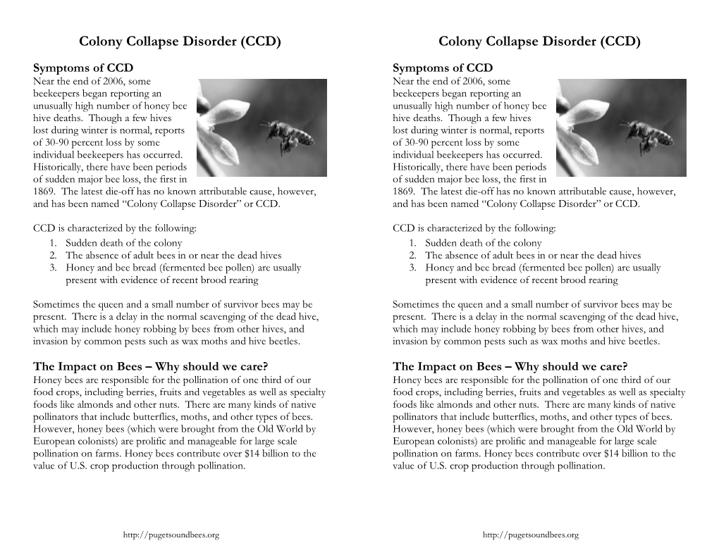 Colony Collapse Disorder (CCD) Colony Collapse Disorder (CCD)