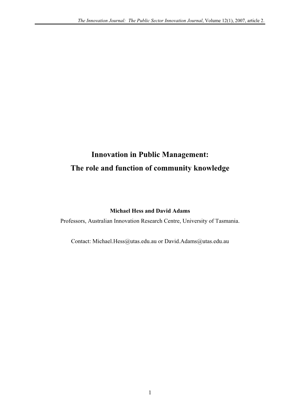 Innovation in Public Management: the Role and Function of Community Knowledge