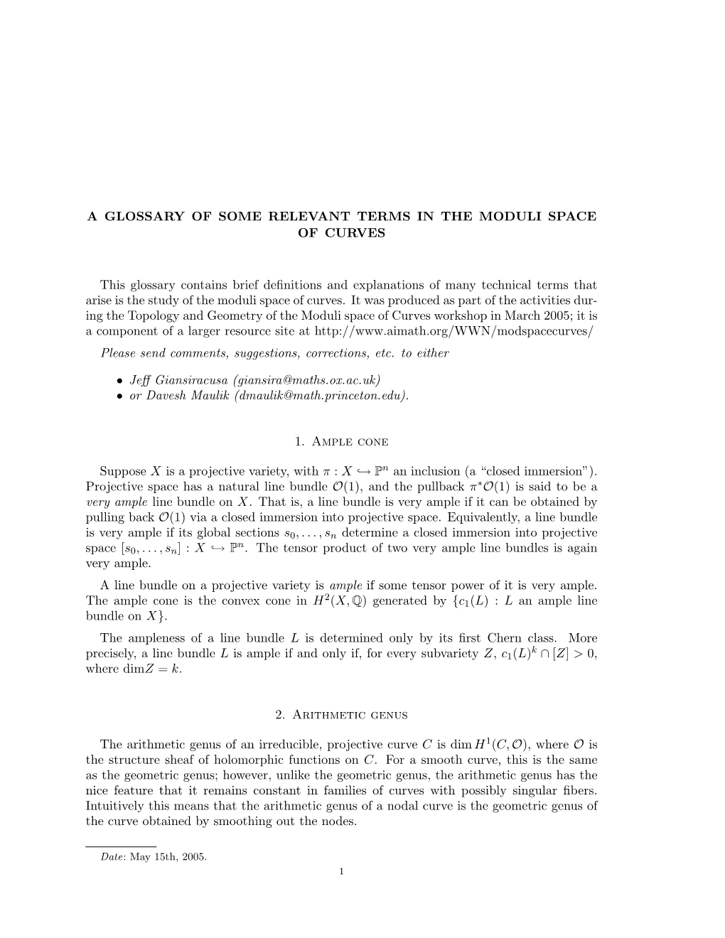 A GLOSSARY of SOME RELEVANT TERMS in the MODULI SPACE of CURVES This Glossary Contains Brief Definitions and Explanations Of